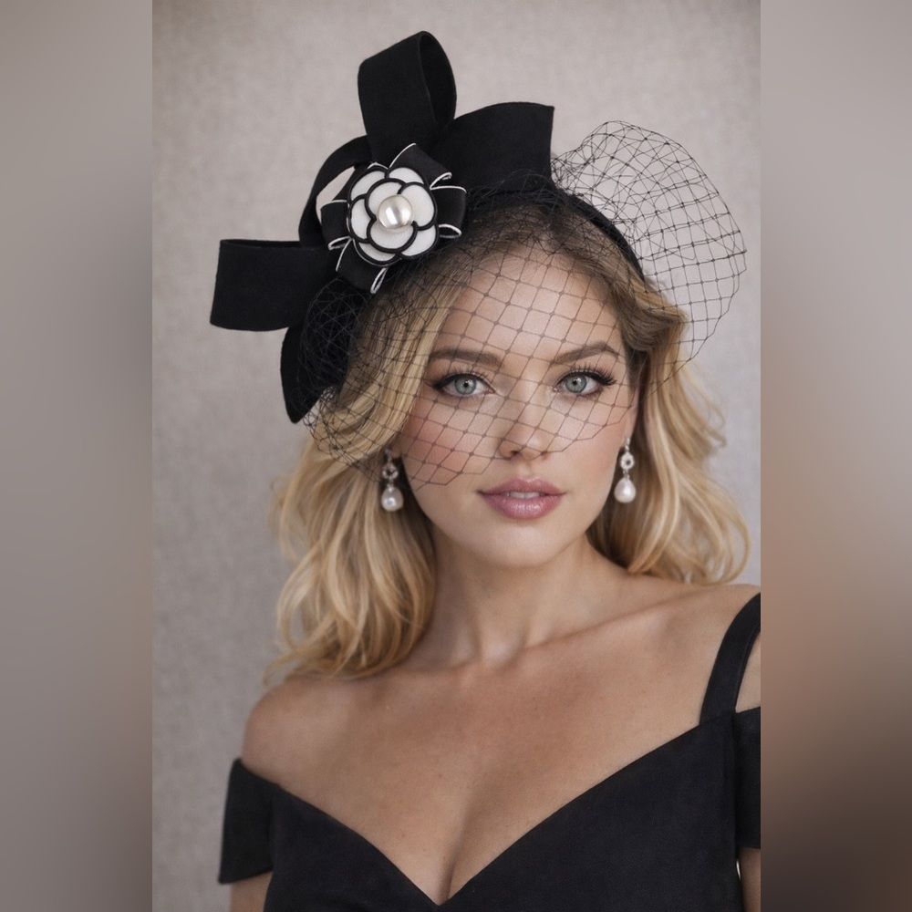 New Derby Church Tea Formal Elegant Chanel Inspired Fascinator Pearl Bow Detail